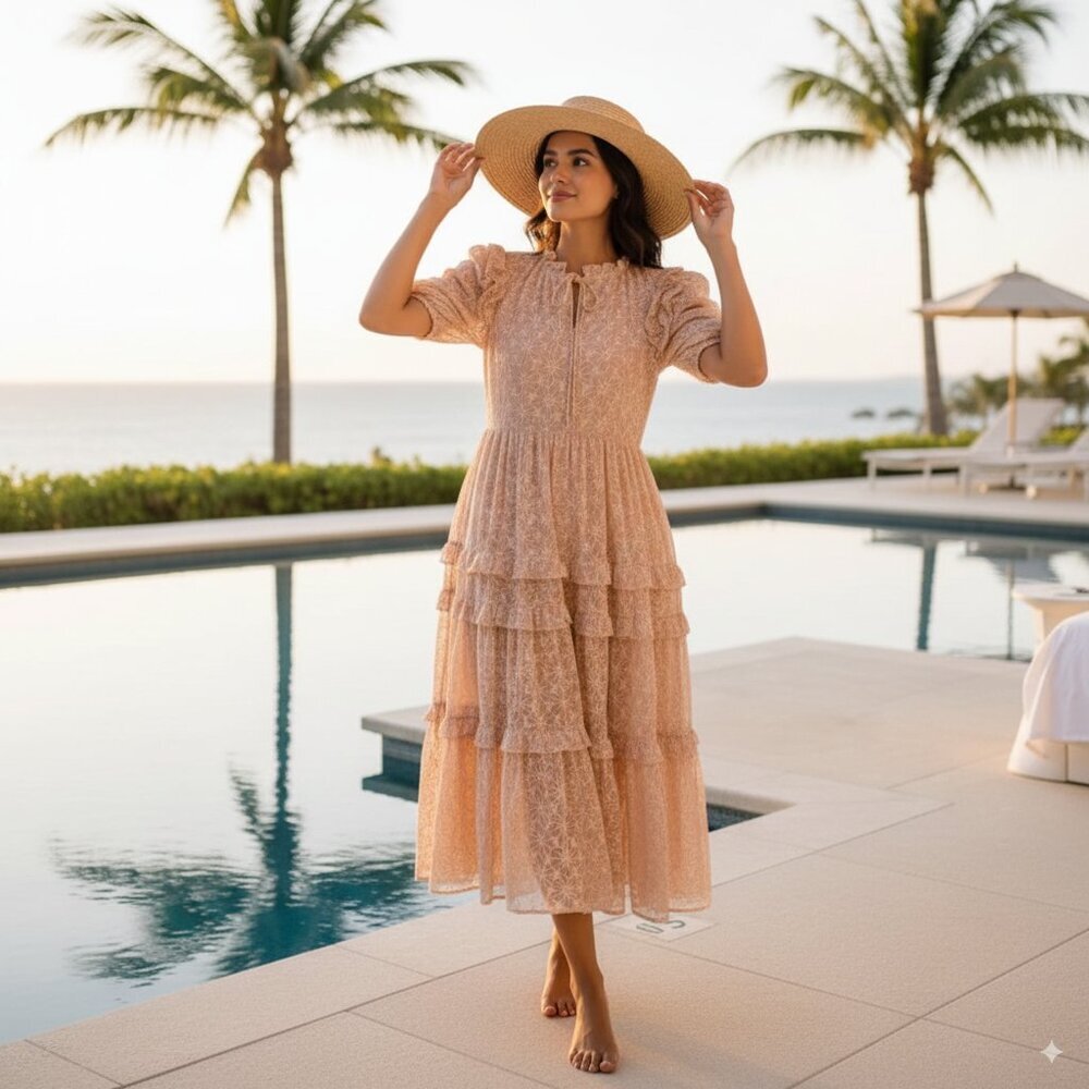NWT En Saison Metro Floral Embroidery Lace Midi Dress in Light Pink